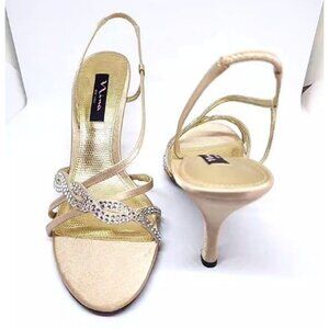 Nina Women's Gold Slingback Sandal High-Heel W/Rhinestone Strap Size 9.5
